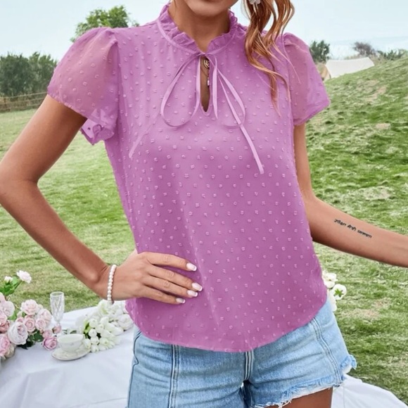 Boho redwood Swiss dot tie neck puff sleeve blouse - Picture 9 of 15